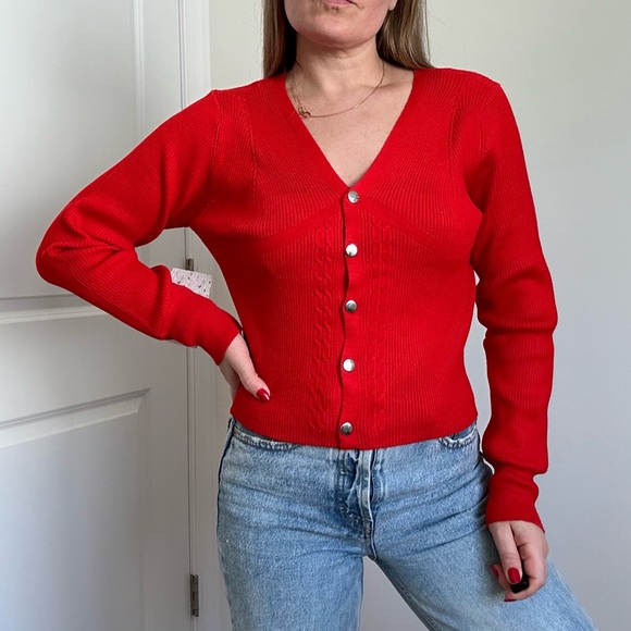 V-neck Ribbed Long Sleeve Snap Front Cardigan - Picture 4 of 9